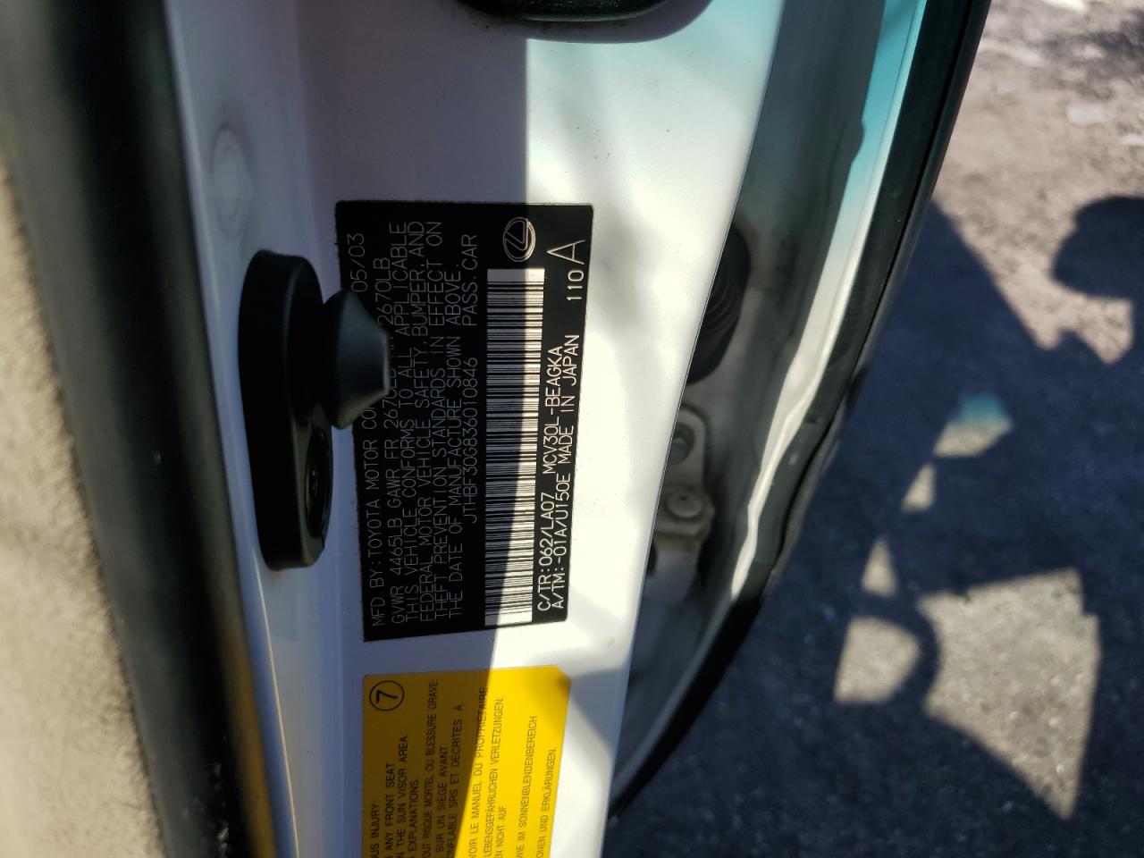 2003 Lexus Es 300 VIN: JTHBF30G836010846 Lot: 85865885