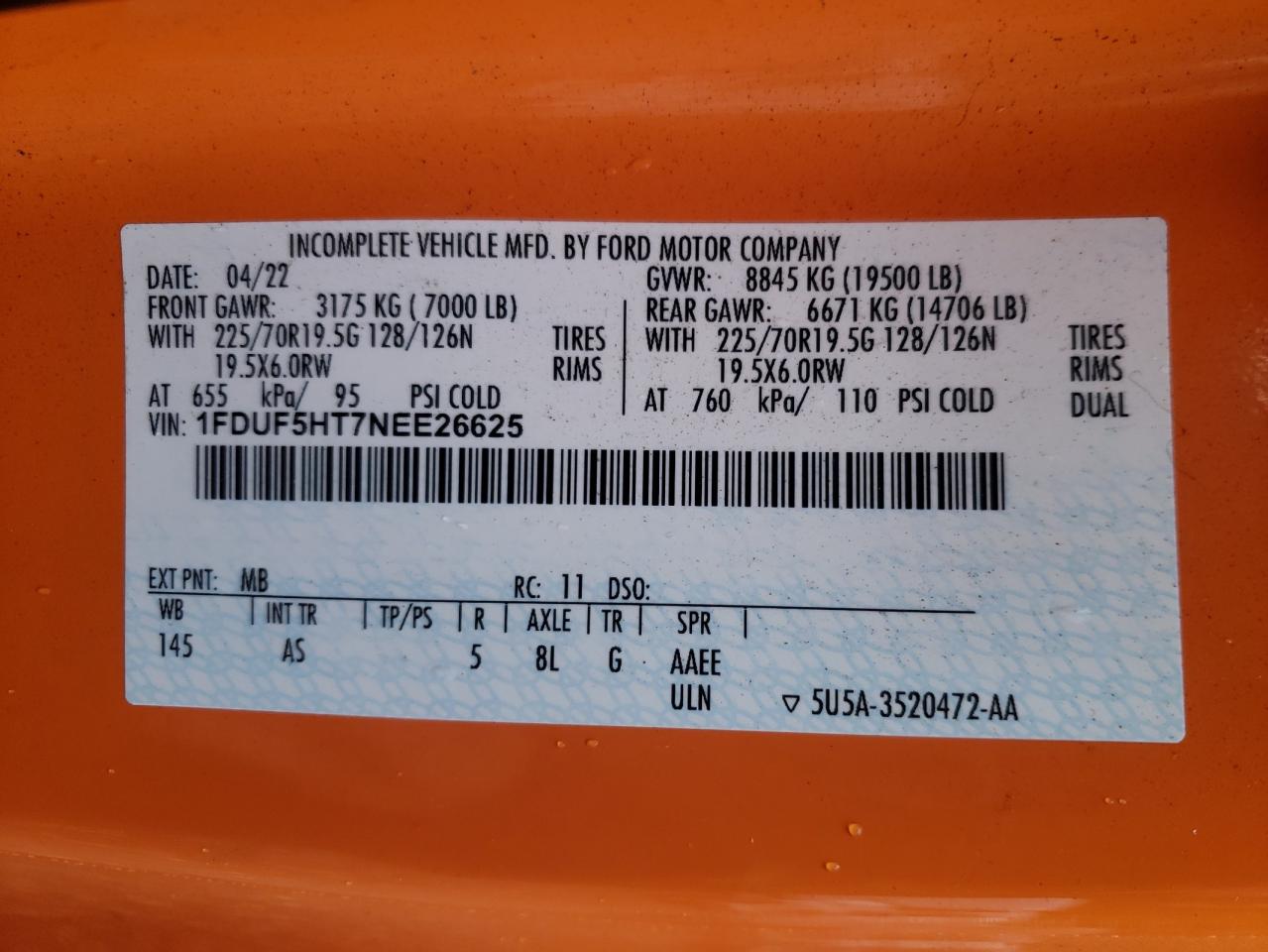 2022 Ford F550 Super Duty VIN: 1FDUF5HT7NEE26625 Lot: 85535285