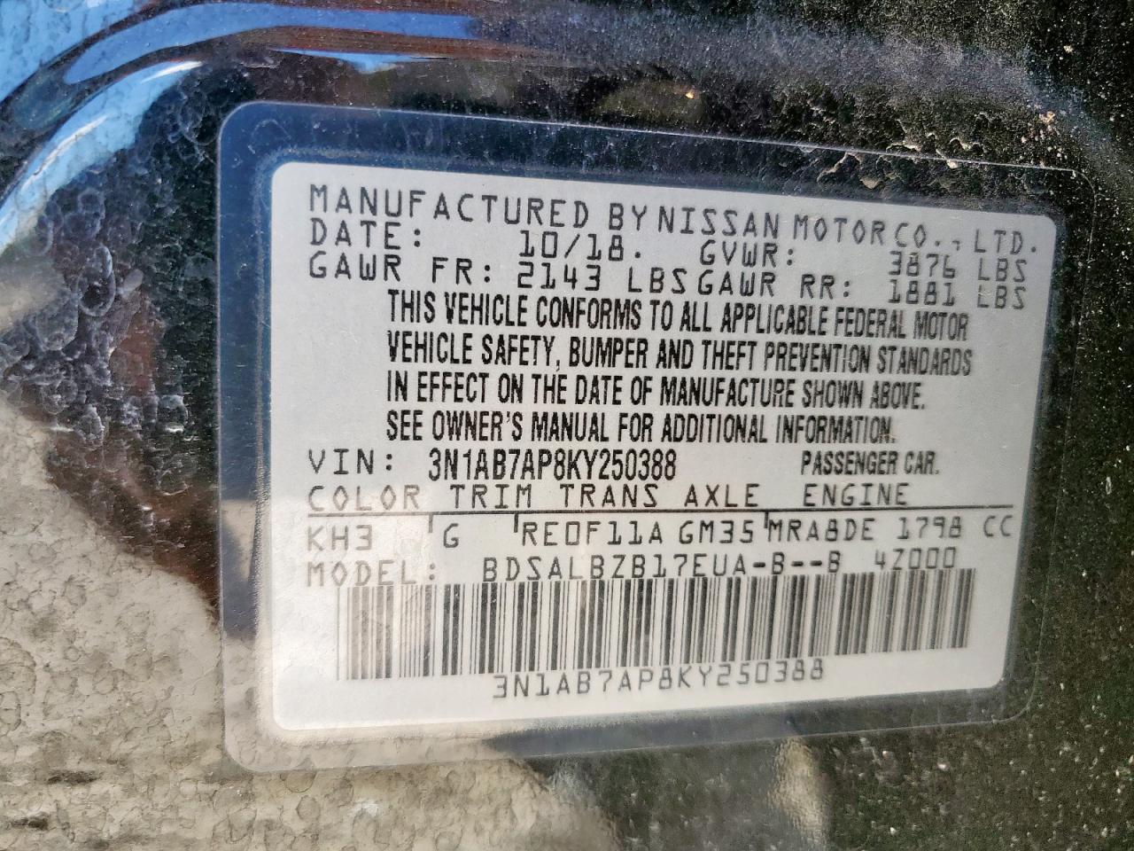 2019 Nissan Sentra S VIN: 3N1AB7AP8KY250388 Lot: 86743555