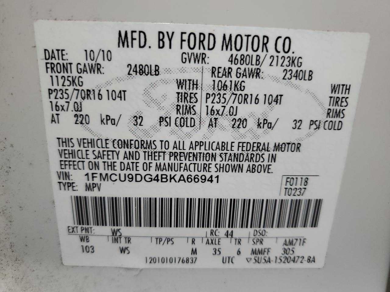 2011 Ford Escape Xlt VIN: 1FMCU9DG4BKA66941 Lot: 82145365