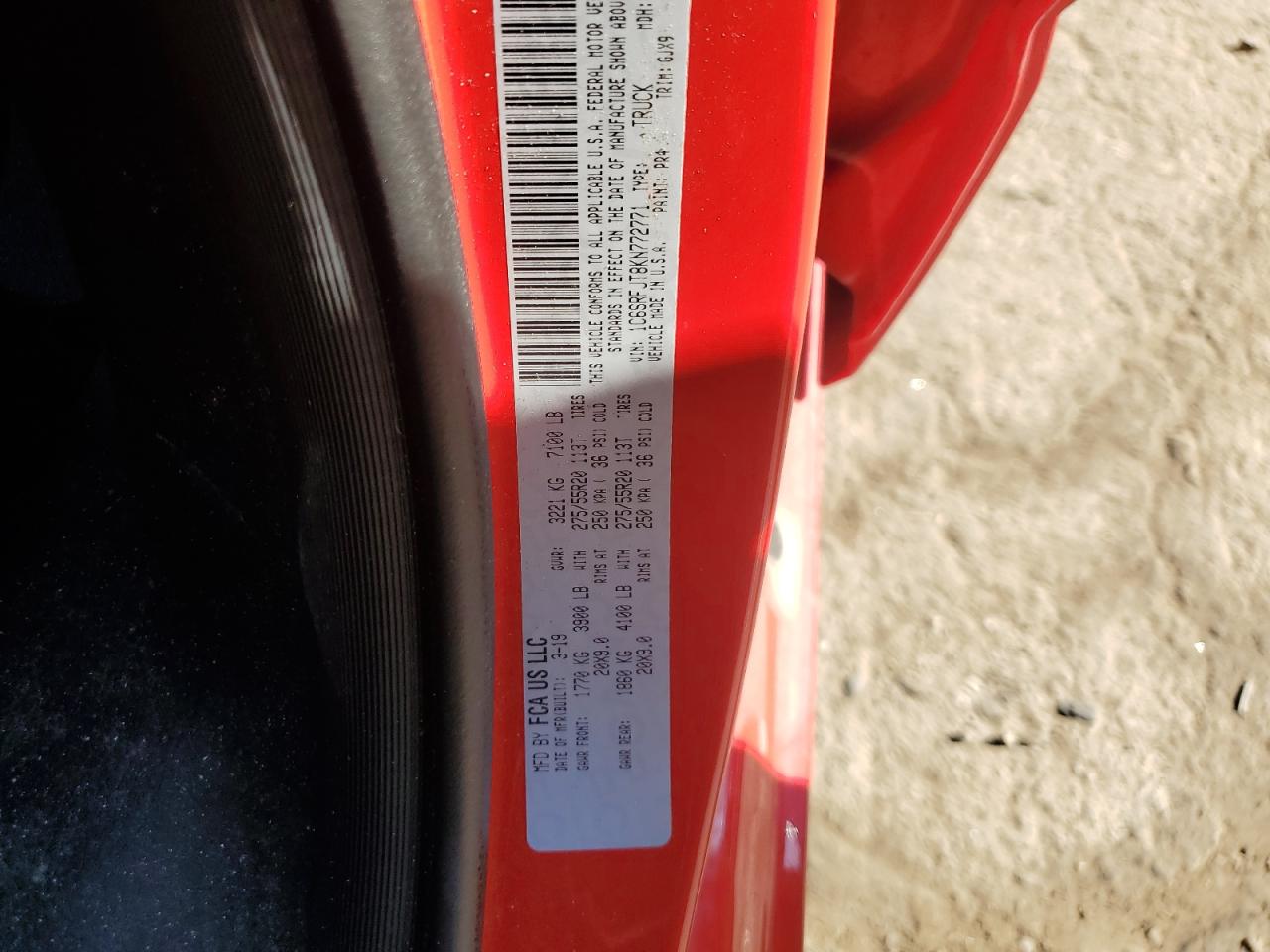 2019 Ram 1500 Laramie VIN: 1C6SRFJT8KN772771 Lot: 84539895