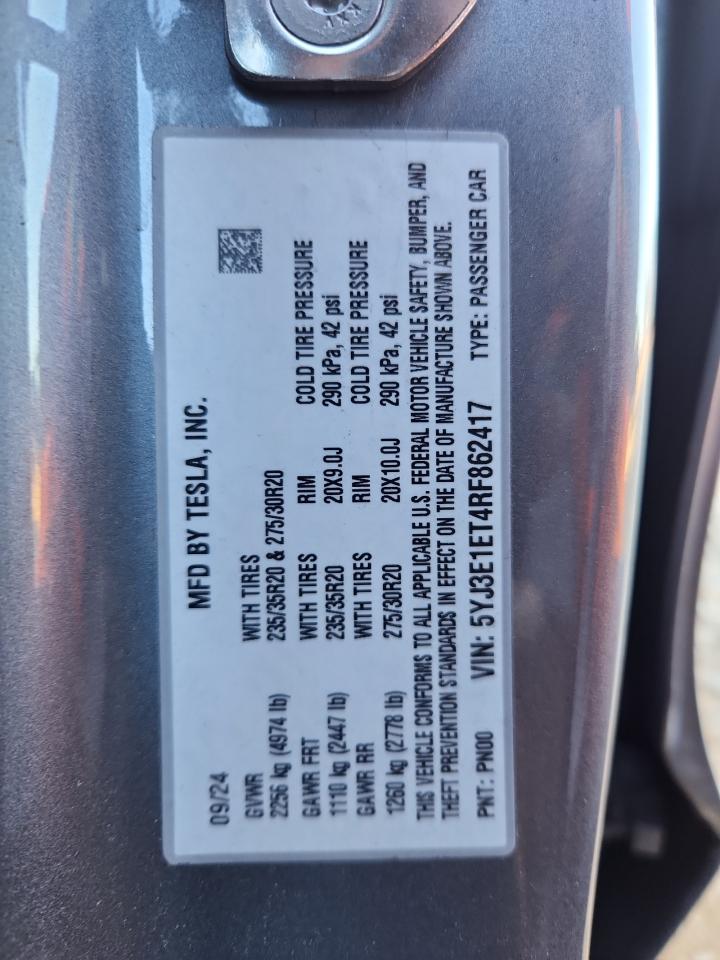 2024 Tesla Model 3 VIN: 5YJ3E1ET4RF862417 Lot: 85892965