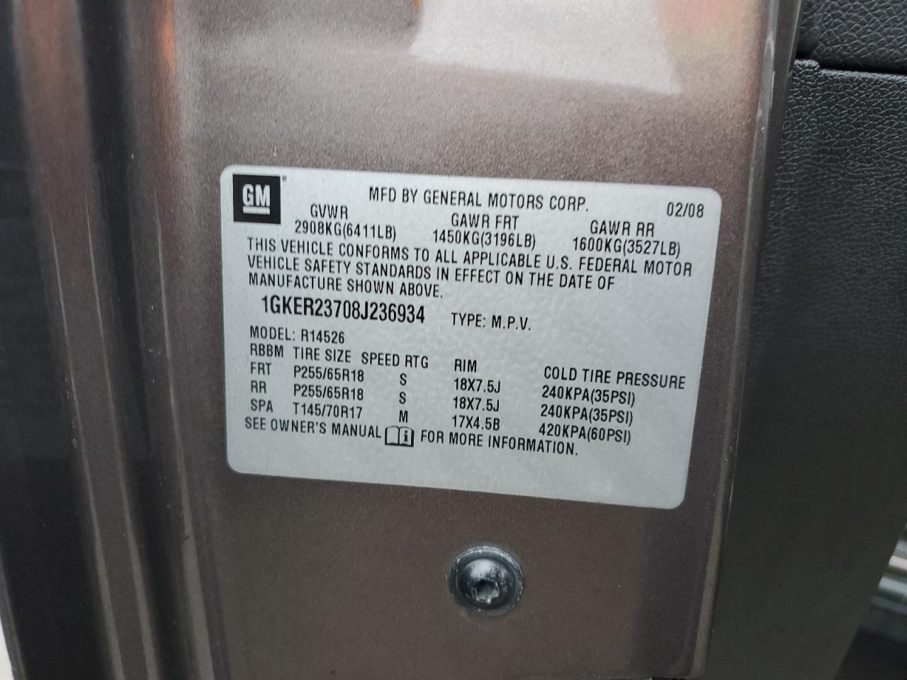 2008 GMC Acadia Slt-1 VIN: 1GKER23708J236934 Lot: 85587325