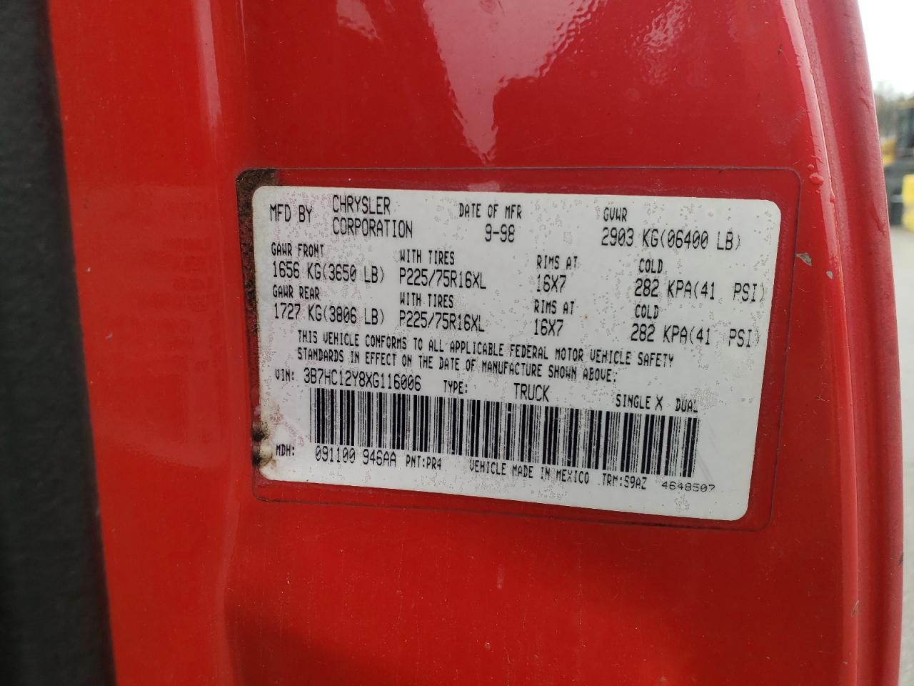 1999 Dodge Ram 1500 VIN: 3B7HC12Y8XG116006 Lot: 90099895