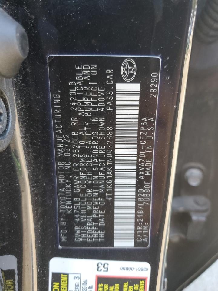 2022 Toyota Camry Xse VIN: 4T1K61AK1NU032688 Lot: 85845935