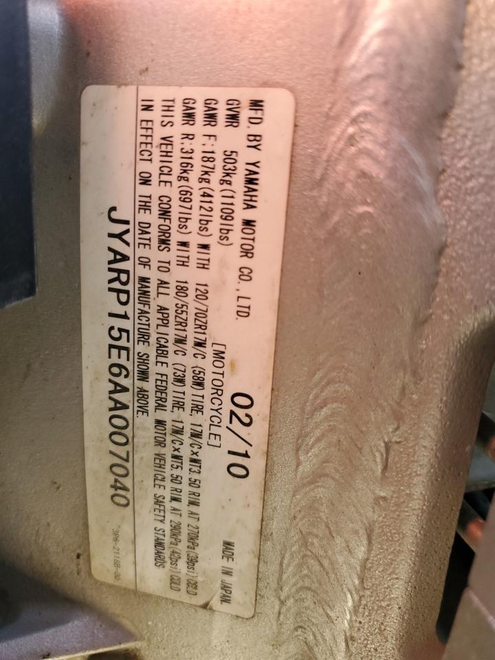 2010 Yamaha Fjr1300 A VIN: JYARP15E6AA007040 Lot: 84804005