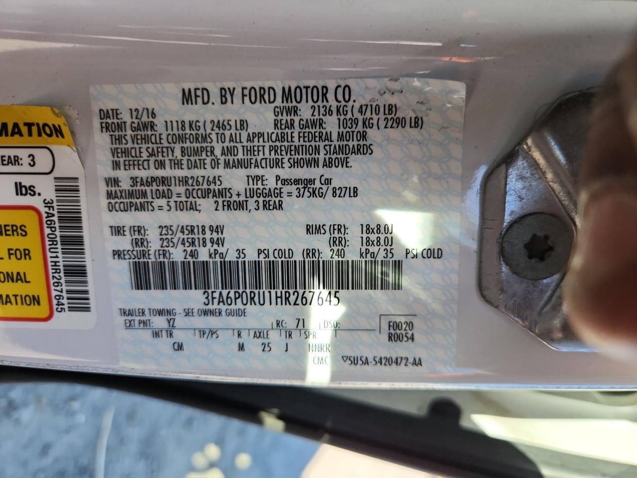 2017 Ford Fusion Titanium Hev VIN: 3FA6P0RU1HR267645 Lot: 82096335