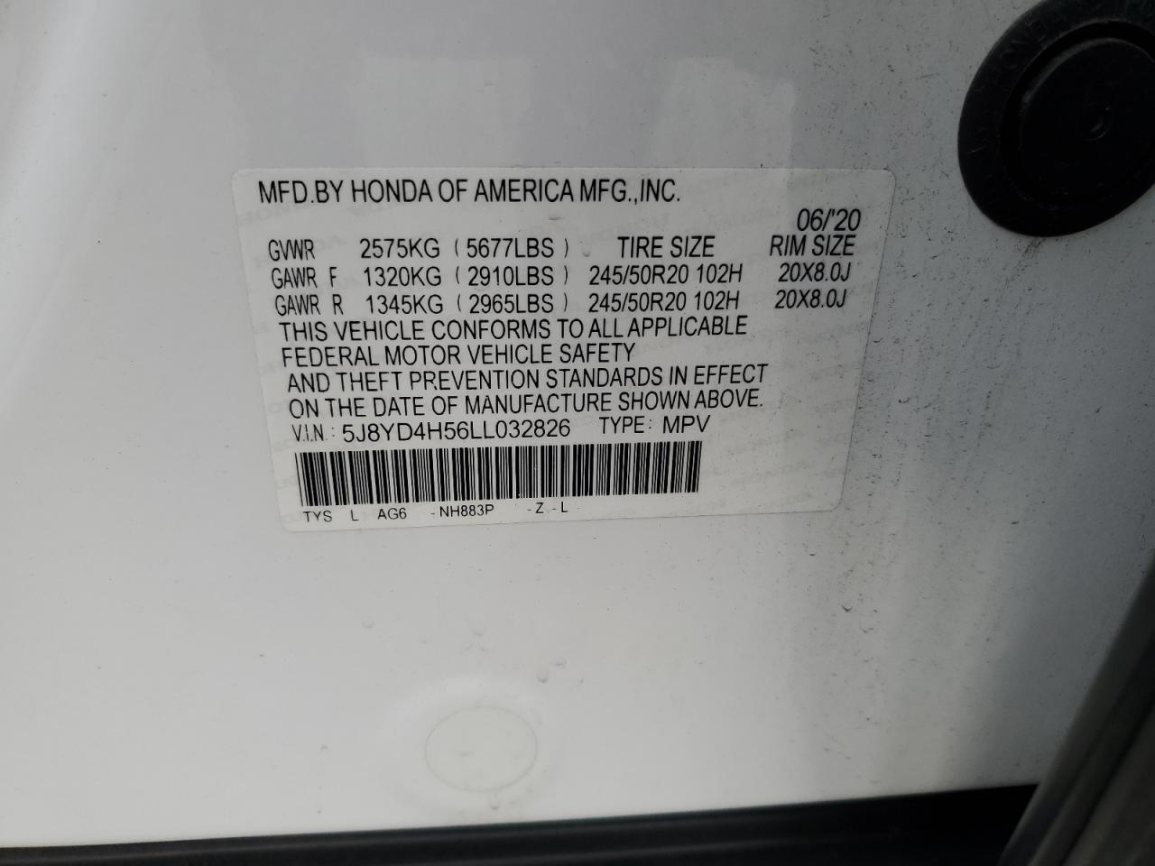 2020 Acura Mdx Technology VIN: 5J8YD4H56LL032826 Lot: 85669805