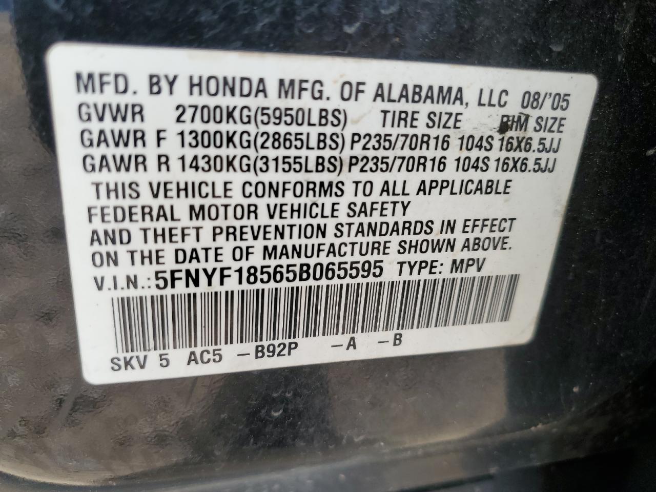 2005 Honda Pilot Exl VIN: 5FNYF18565B065595 Lot: 85716055