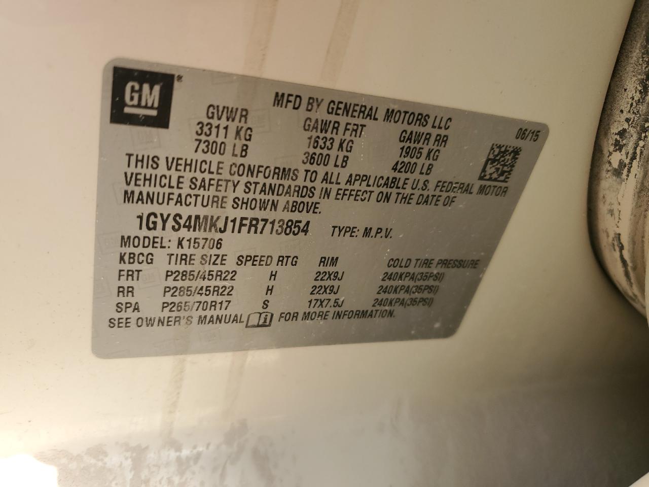 2015 Cadillac Escalade Luxury VIN: 1GYS4MKJ1FR713854 Lot: 82234235