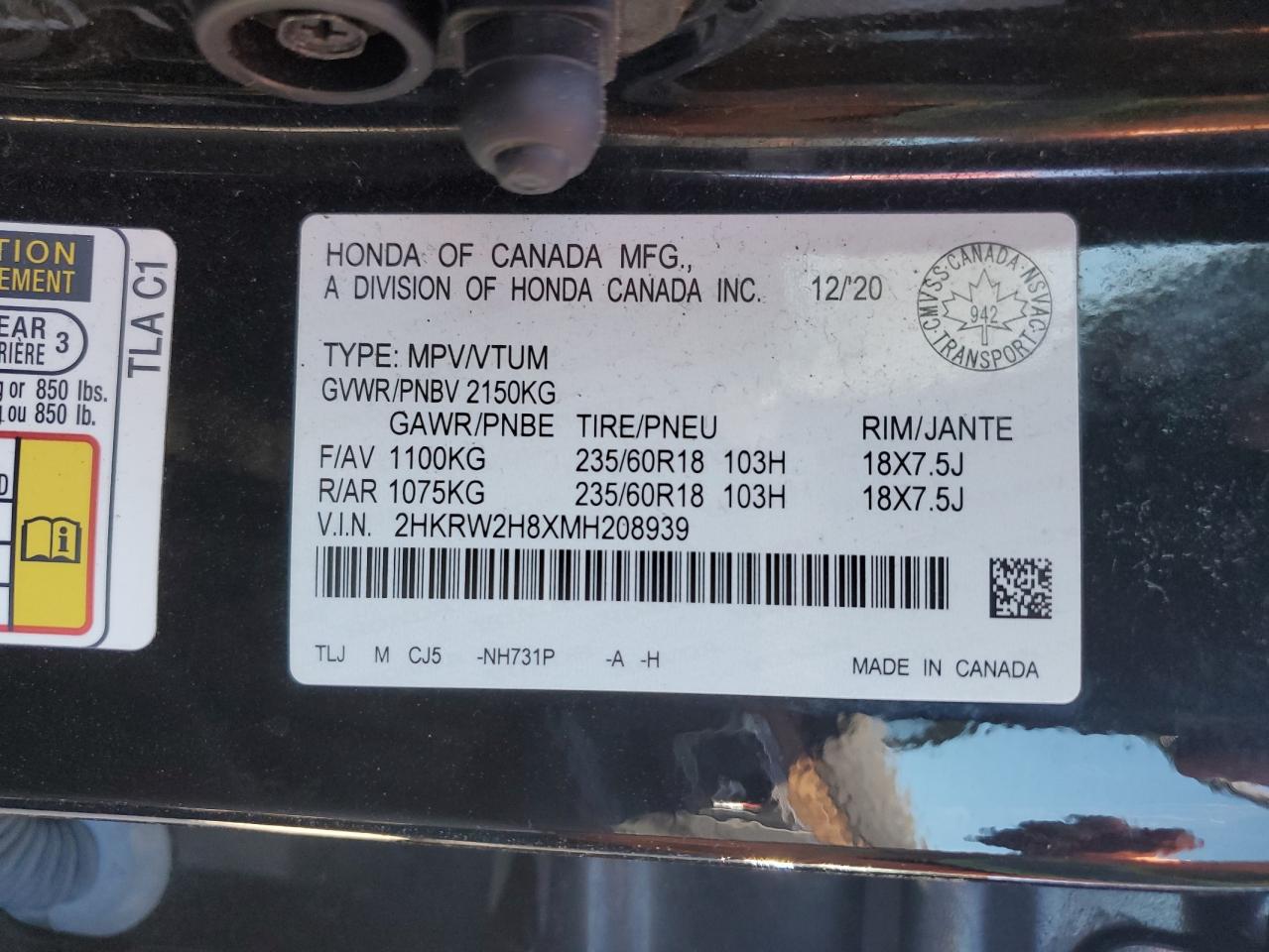 2021 Honda Cr-V Exl VIN: 2HKRW2H8XMH208939 Lot: 85475525