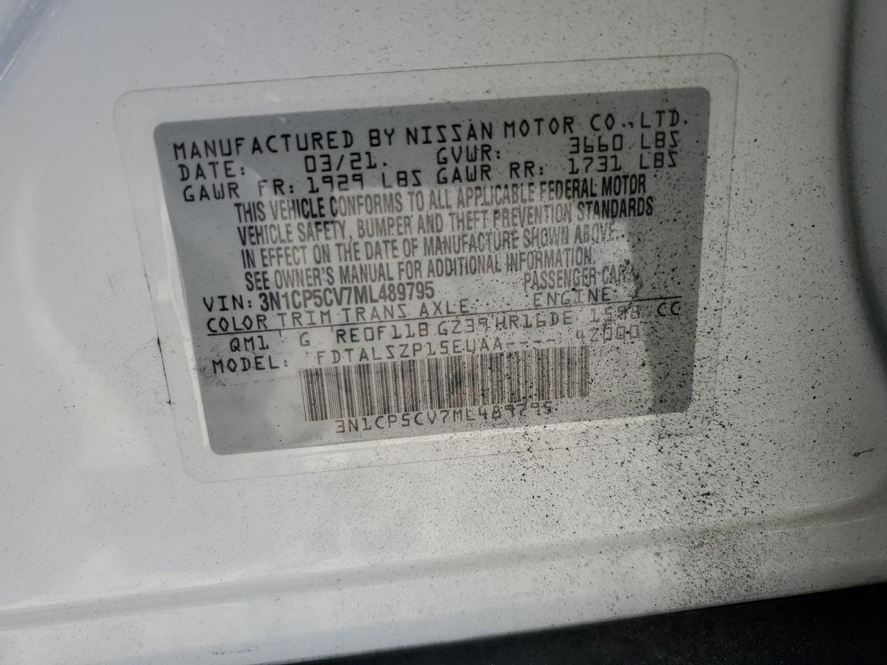 2021 Nissan Kicks Sv VIN: 3N1CP5CV7ML489795 Lot: 89864185