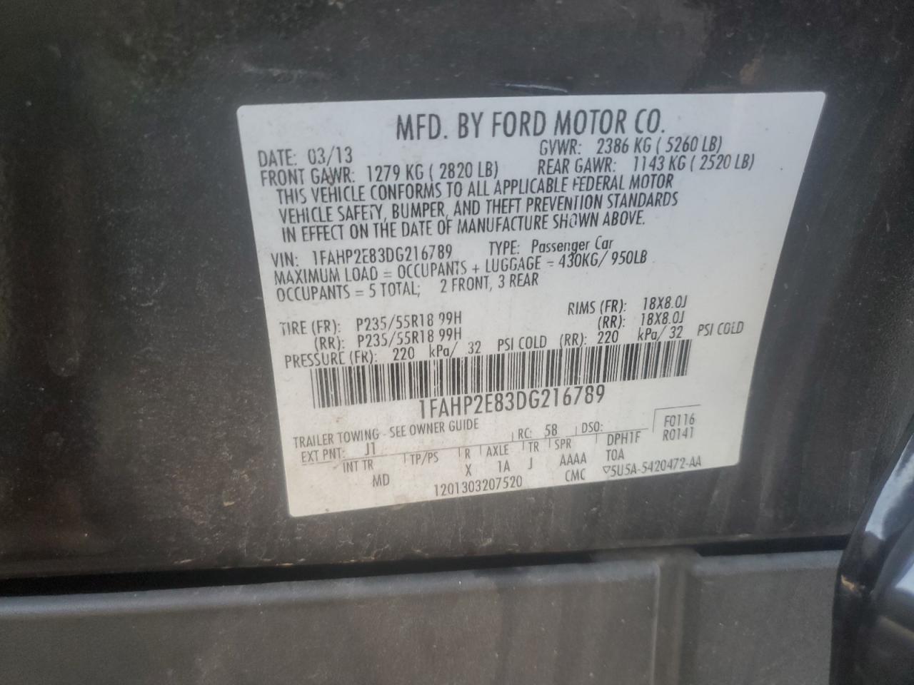 2013 Ford Taurus Sel VIN: 1FAHP2E83DG216789 Lot: 90830755