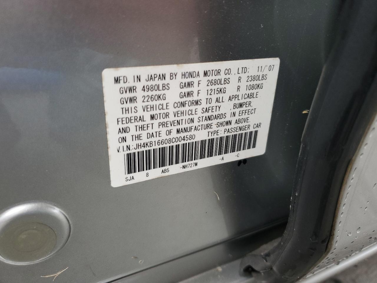 2008 Acura Rl VIN: JH4KB16608C004580 Lot: 85514965