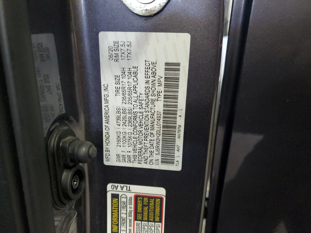 2020 Honda Cr-V Lx VIN: 5J6RW2H20LL014937 Lot: 89831995