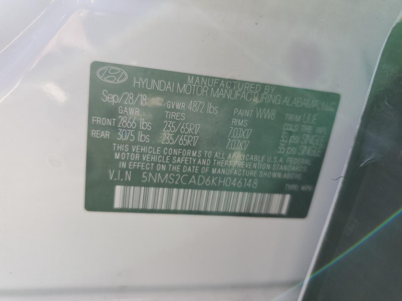 2019 Hyundai Santa Fe Se VIN: 5NMS2CAD6KH046148 Lot: 86076005