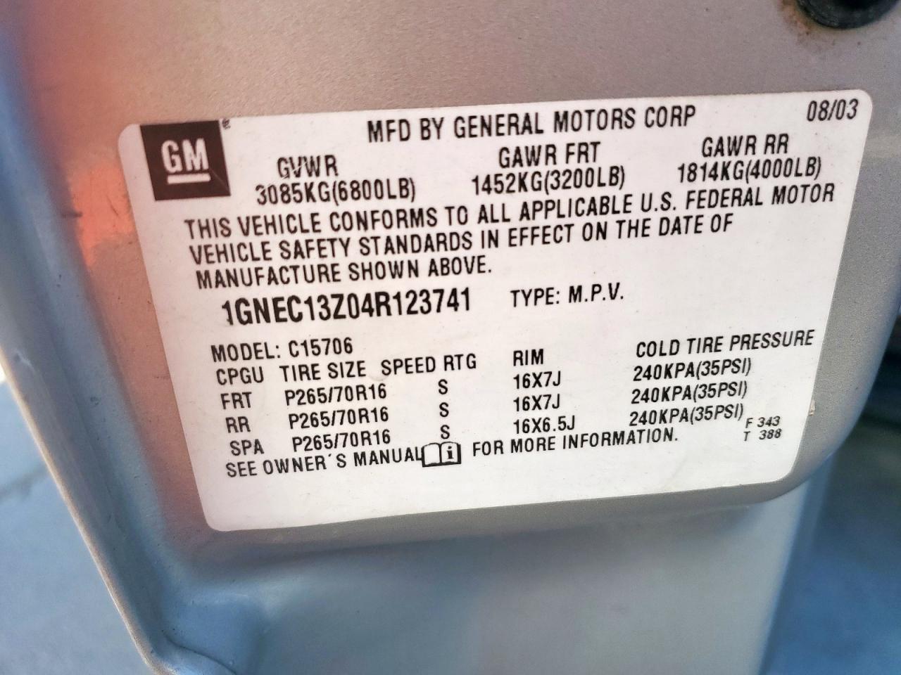 2004 Chevrolet Tahoe C1500 VIN: 1GNEC13Z04R123741 Lot: 86269595