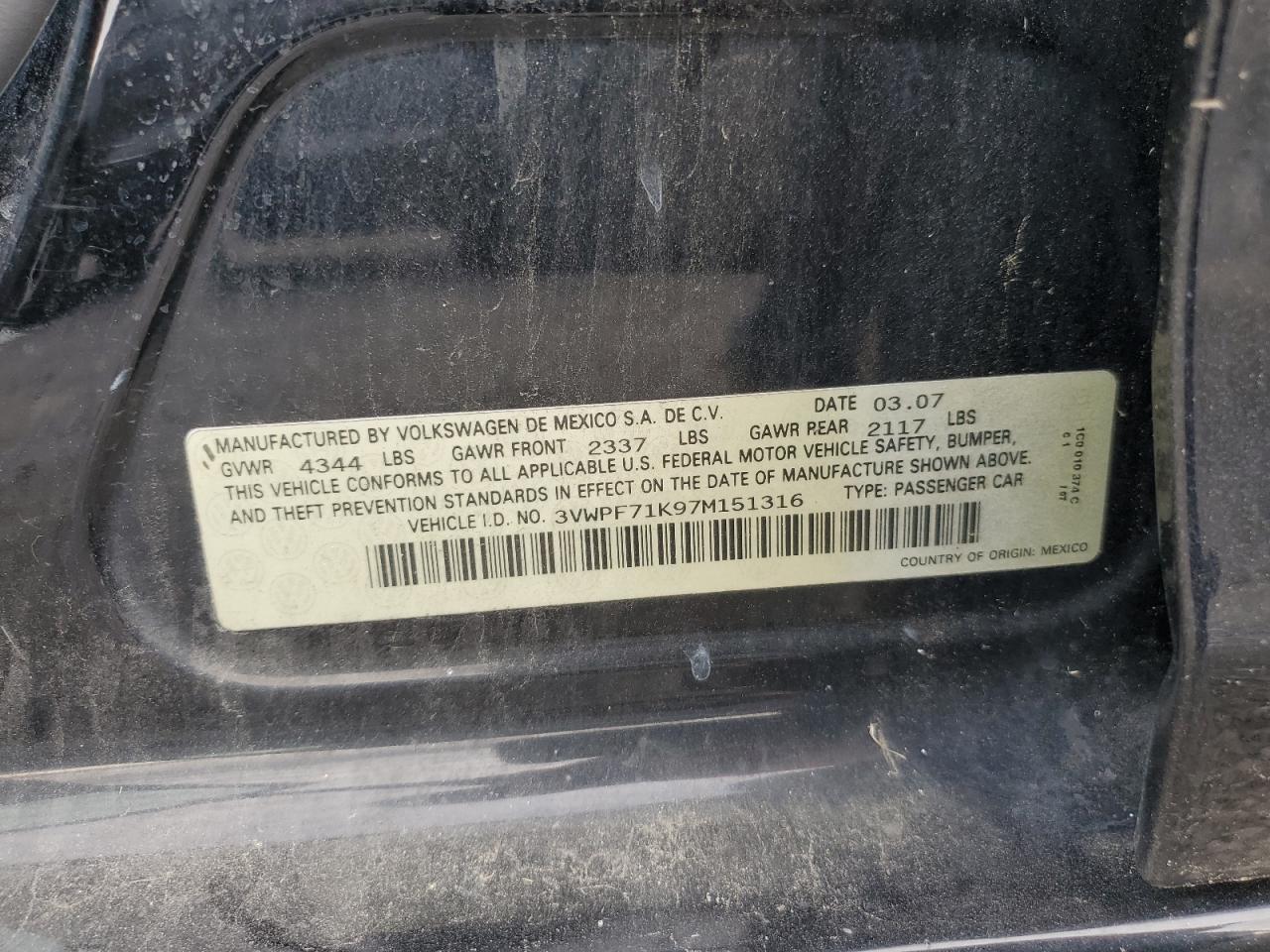 2007 Volkswagen Jetta 2.5 VIN: 3VWPF71K97M151316 Lot: 86629565