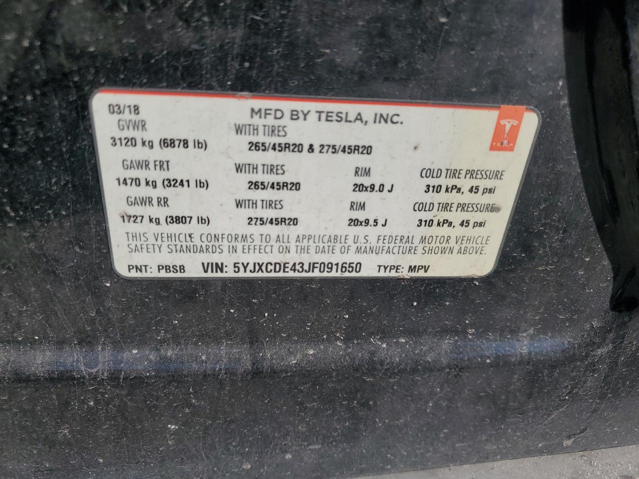 2018 Tesla Model X VIN: 5YJXCDE43JF091650 Lot: 89853275