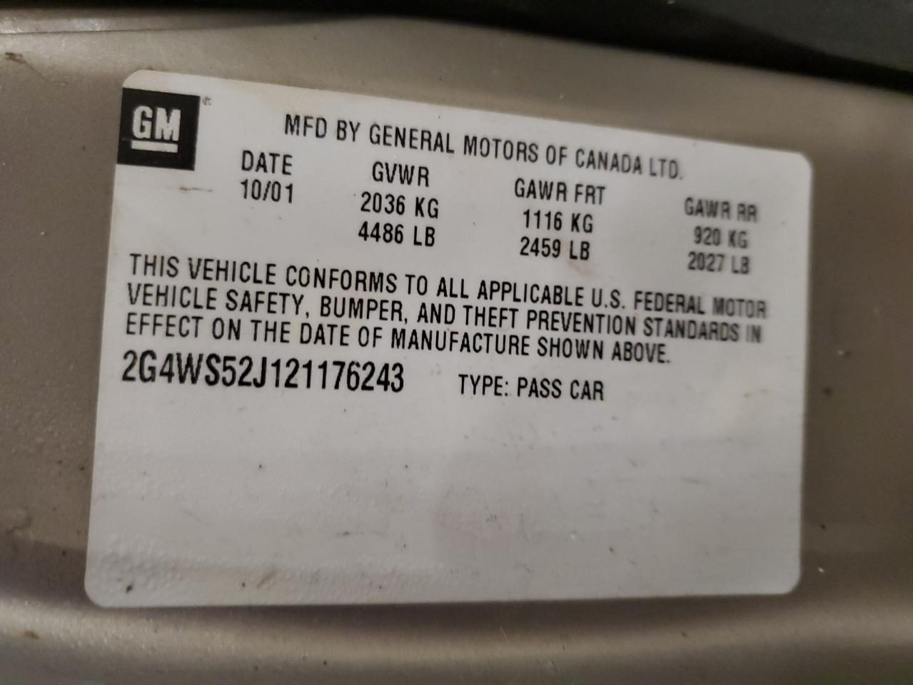 2002 Buick Century Custom VIN: 2G4WS52J121176243 Lot: 90404095