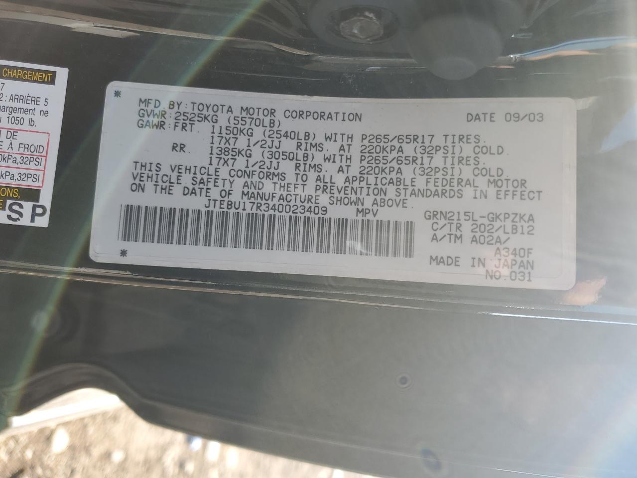 2004 Toyota 4Runner Limited VIN: JTEBU17R340023409 Lot: 90400195