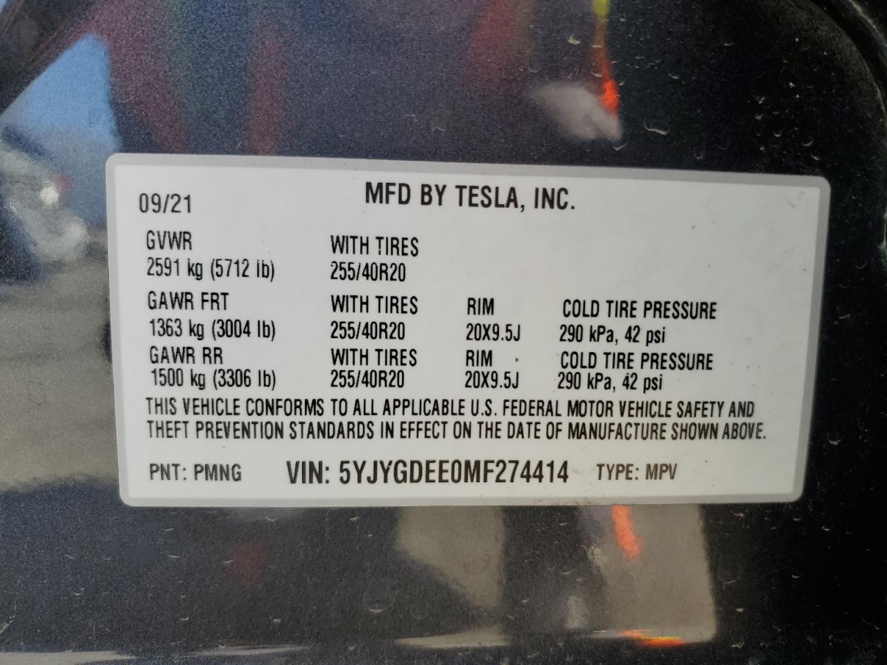 2021 Tesla Model Y VIN: 5YJYGDEE0MF274414 Lot: 87286445