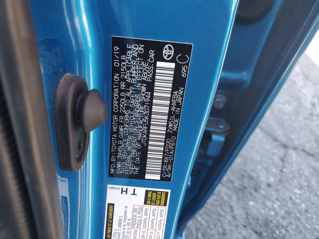 2019 Toyota Prius VIN: JTDKARFU5K3071944 Lot: 84475055