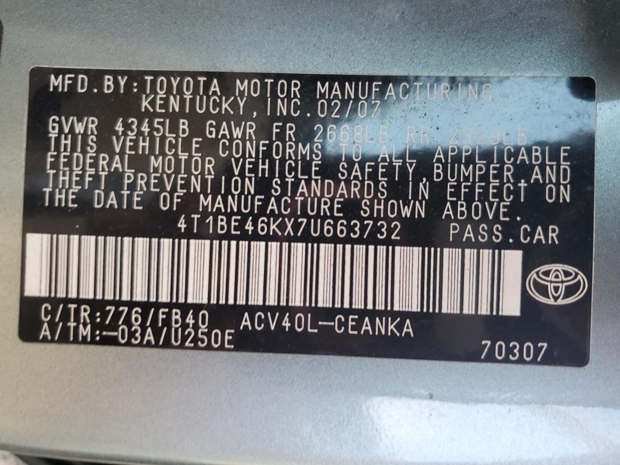 2007 Toyota Camry Ce VIN: 4T1BE46KX7U663732 Lot: 85176965