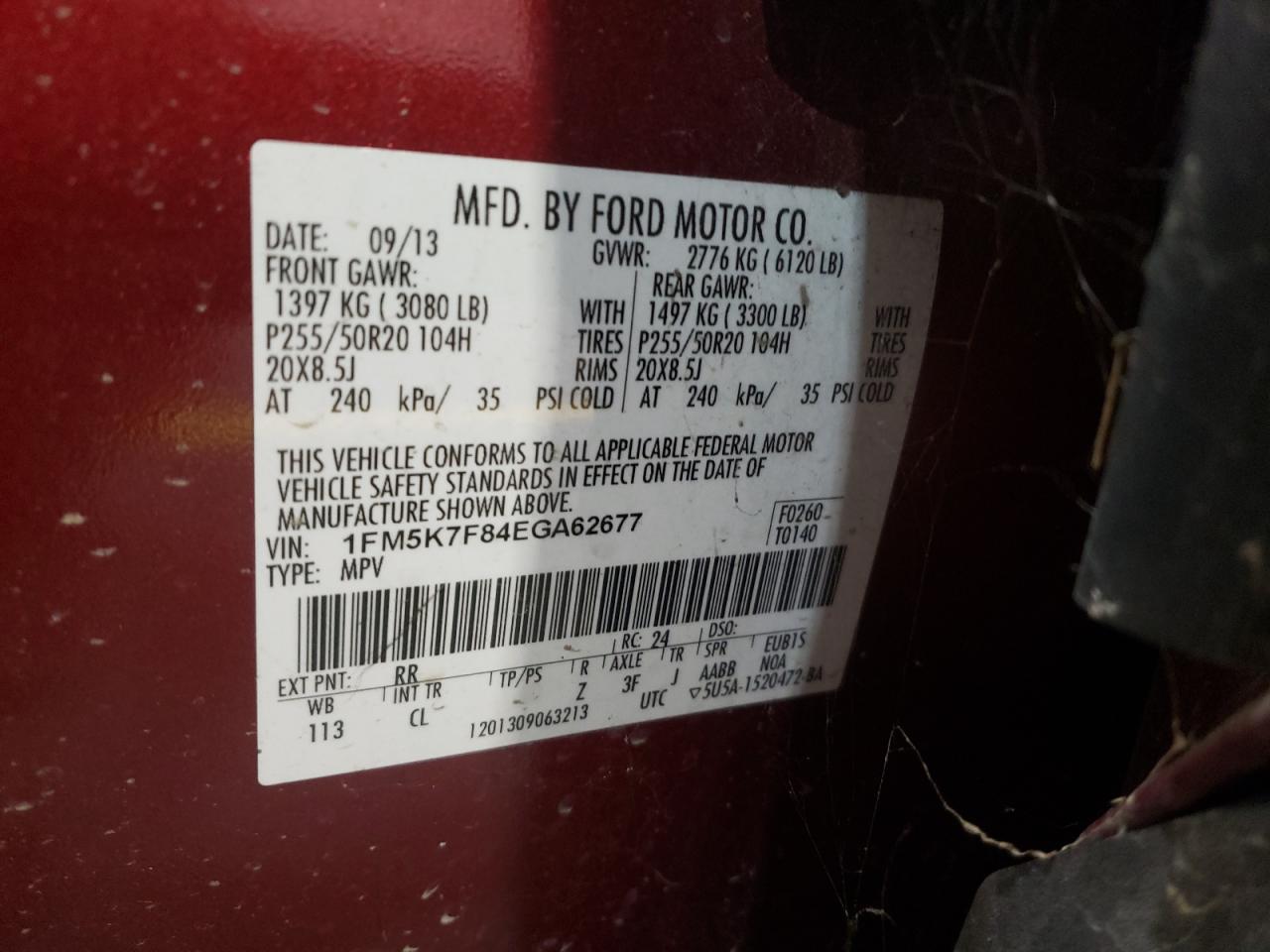 2014 Ford Explorer Limited VIN: 1FM5K7F84EGA62677 Lot: 85839875