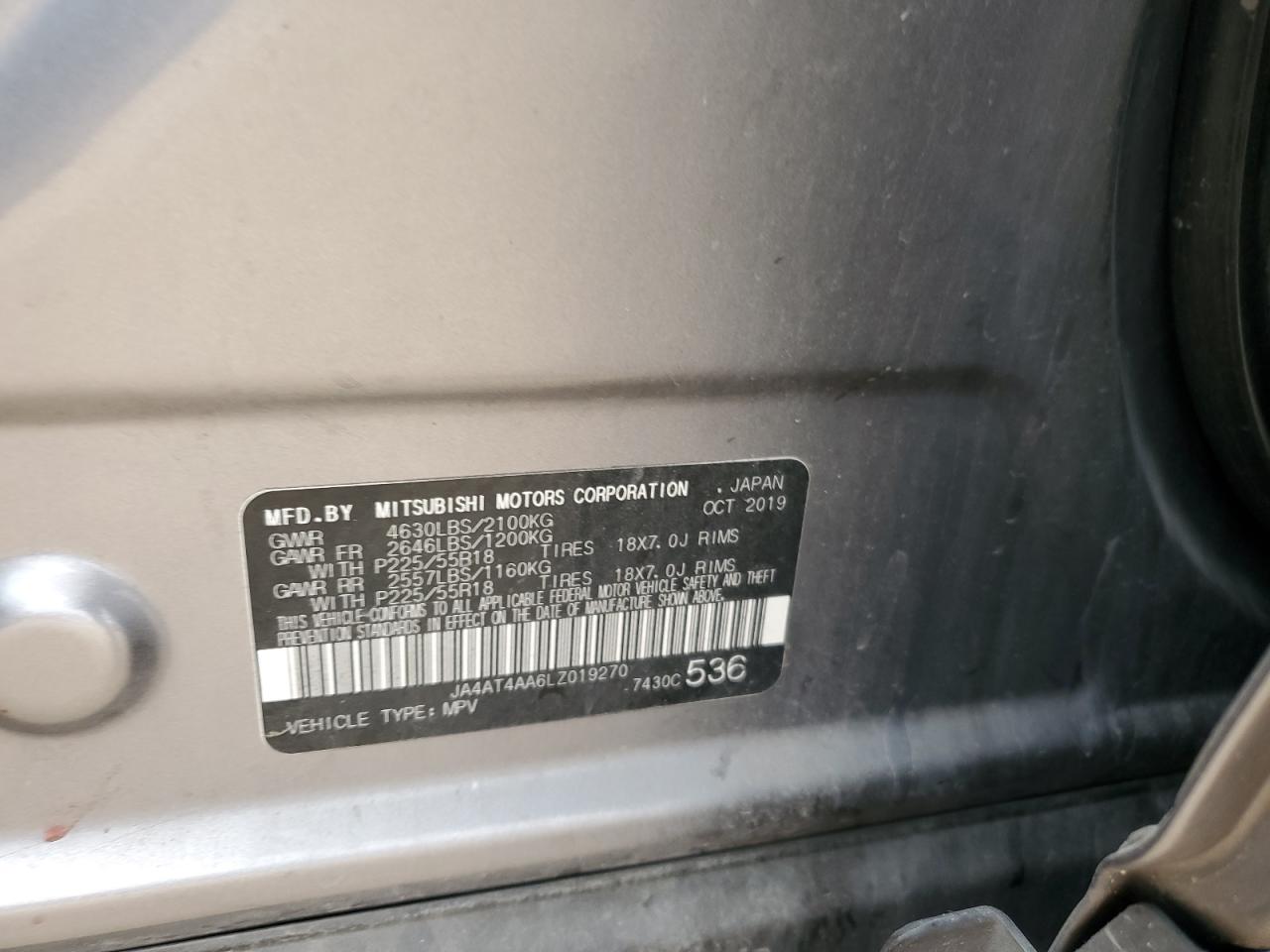 2020 Mitsubishi Eclipse Cross Le VIN: JA4AT4AA6LZ019270 Lot: 87450205