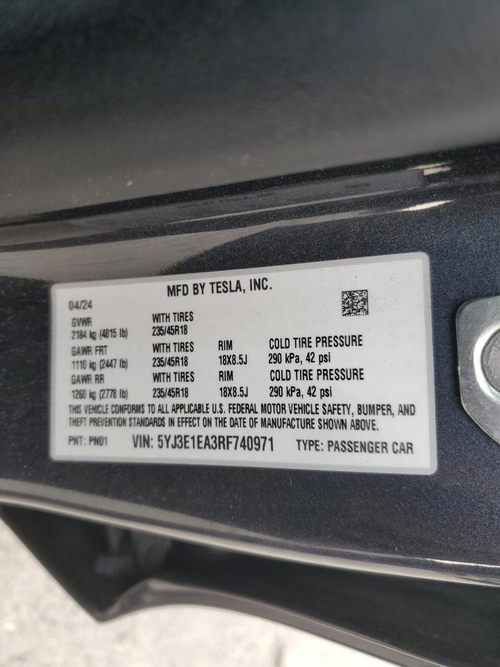2024 Tesla Model 3 VIN: 5YJ3E1EA3RF740971 Lot: 86607215