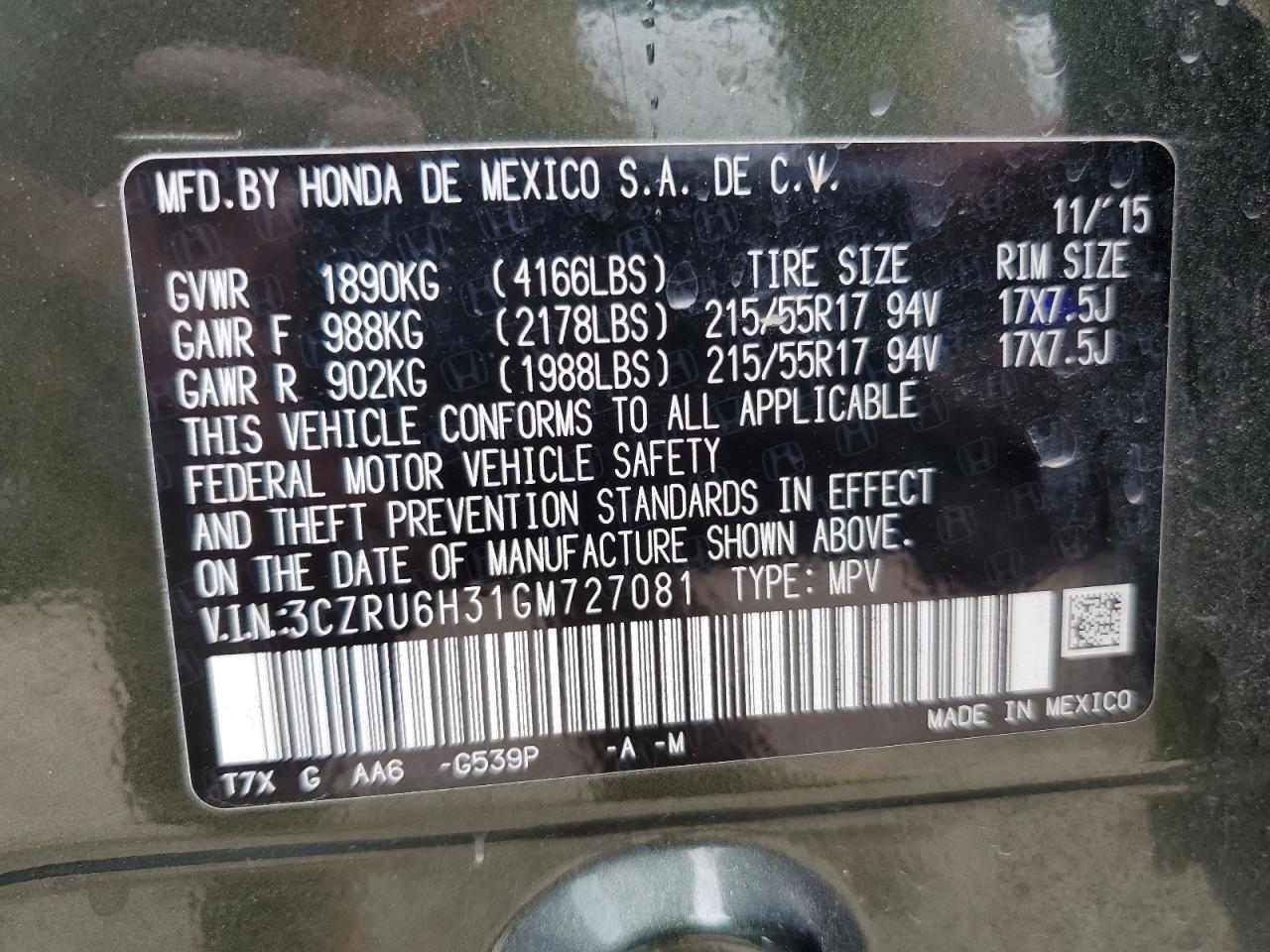 2016 Honda Hr-V Lx VIN: 3CZRU6H31GM727081 Lot: 82395565