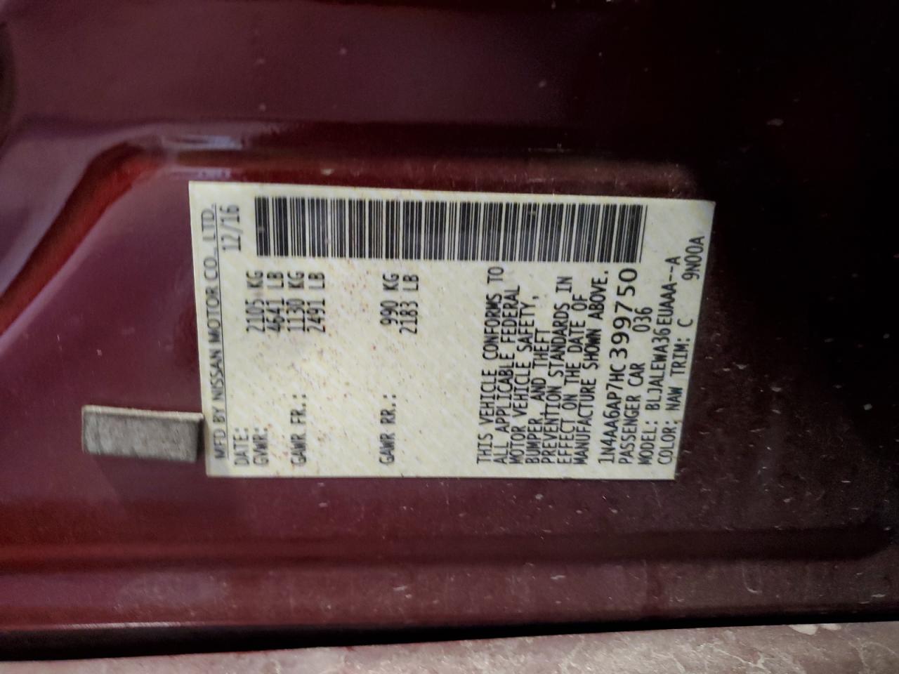 2017 Nissan Maxima 3.5S VIN: 1N4AA6AP7HC399750 Lot: 84535505