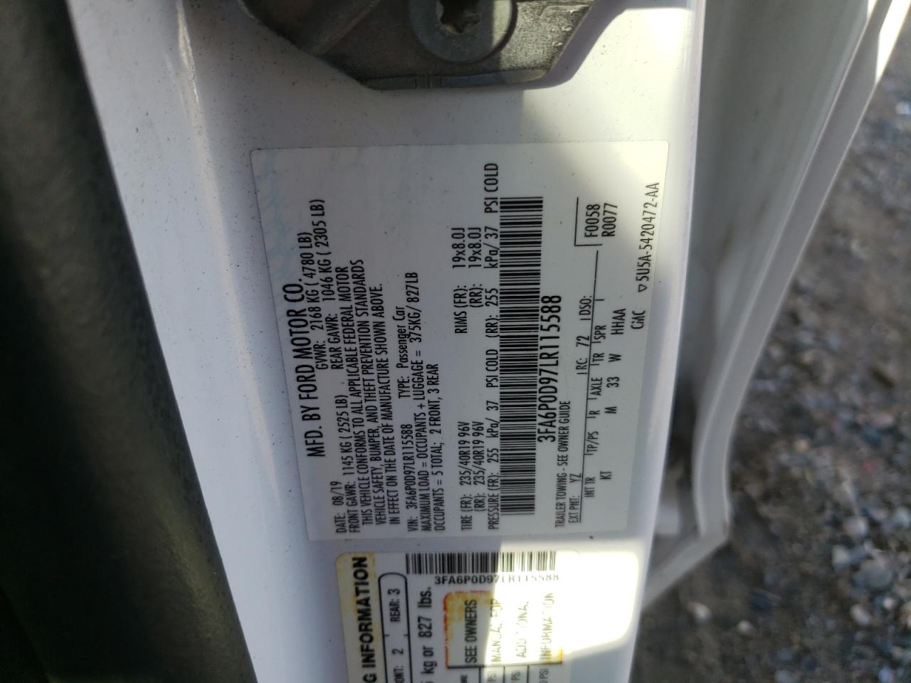 2020 Ford Fusion Titanium VIN: 3FA6P0D97LR115588 Lot: 86130515