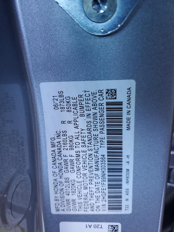 2022 Honda Civic Touring VIN: 2HGFE1F99NH303564 Lot: 85566725