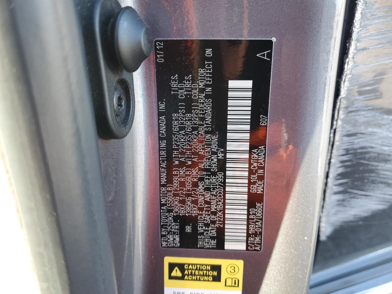 2012 Lexus Rx 350 VIN: 2T2ZK1BA2CC077990 Lot: 90857395