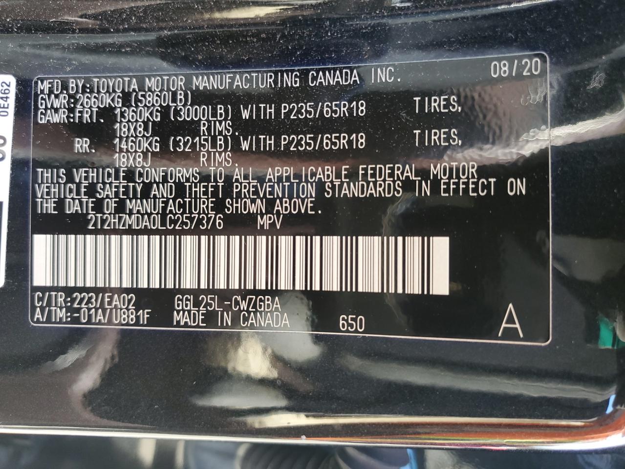 2020 Lexus Rx 350 VIN: 2T2HZMDA0LC257376 Lot: 81955305