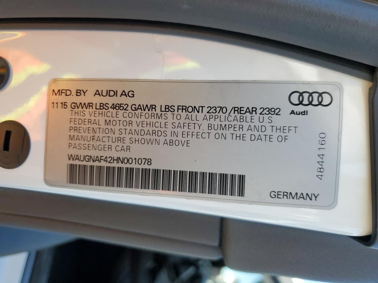 2017 Audi A4 Premium VIN: WAUGNAF42HN001078 Lot: 90698455