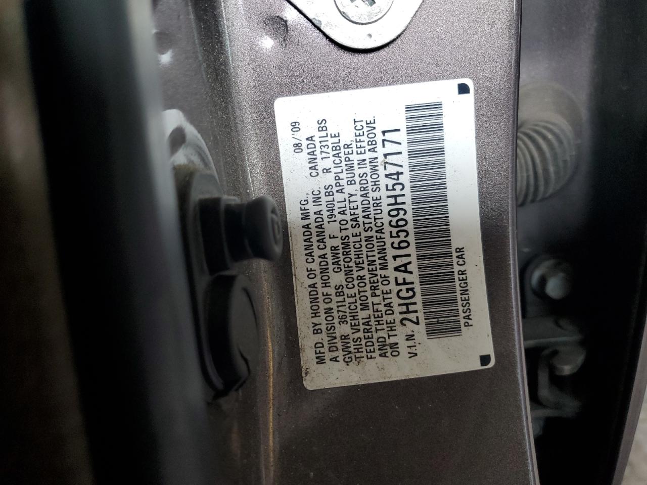 2009 Honda Civic Lx VIN: 2HGFA16569H547171 Lot: 84741865