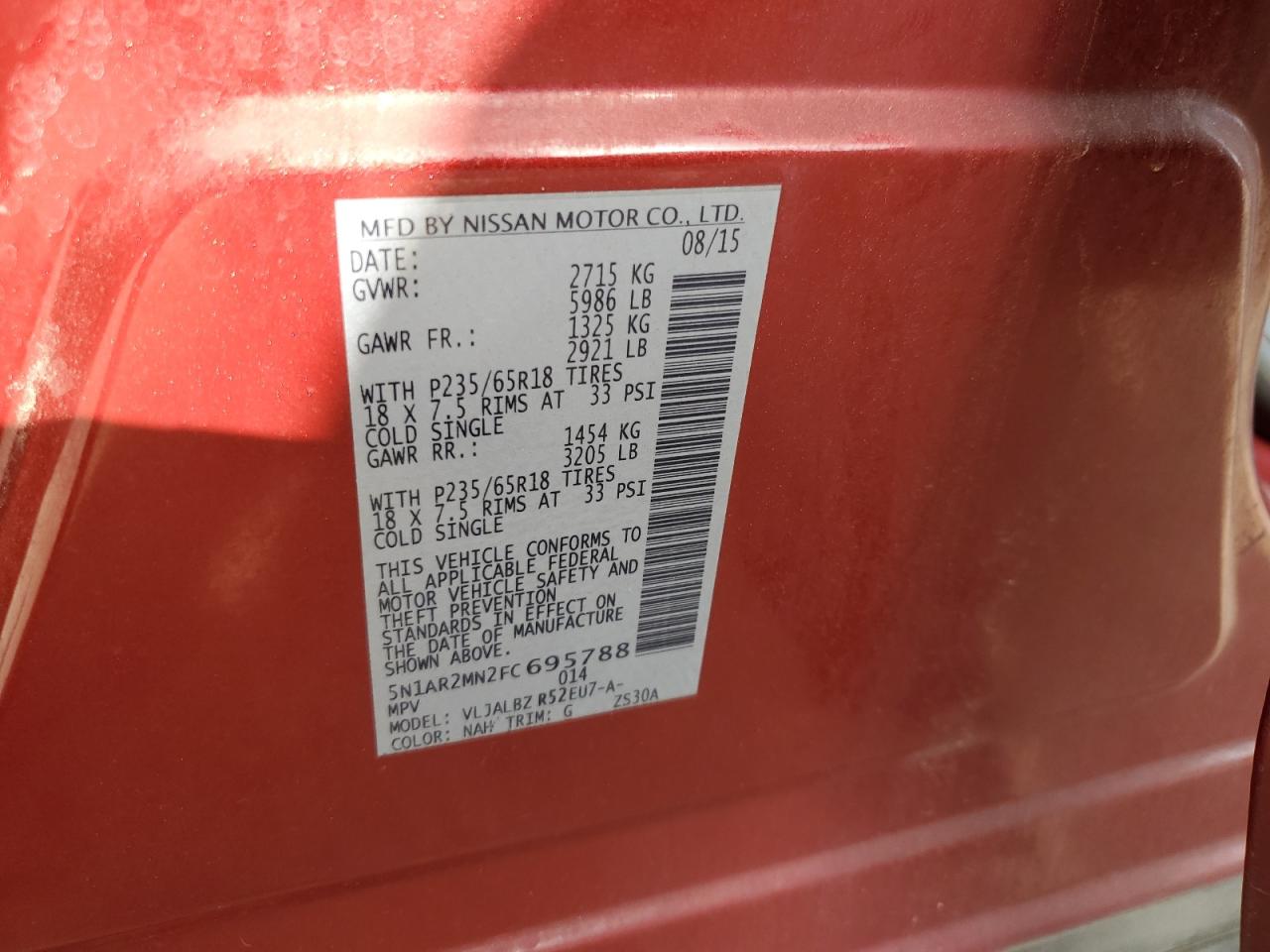 2015 Nissan Pathfinder S VIN: 5N1AR2MN2FC695788 Lot: 85558105