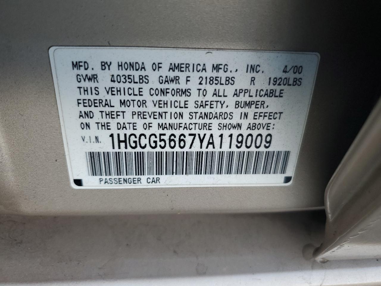 2000 Honda Accord Ex VIN: 1HGCG5667YA119009 Lot: 87364605