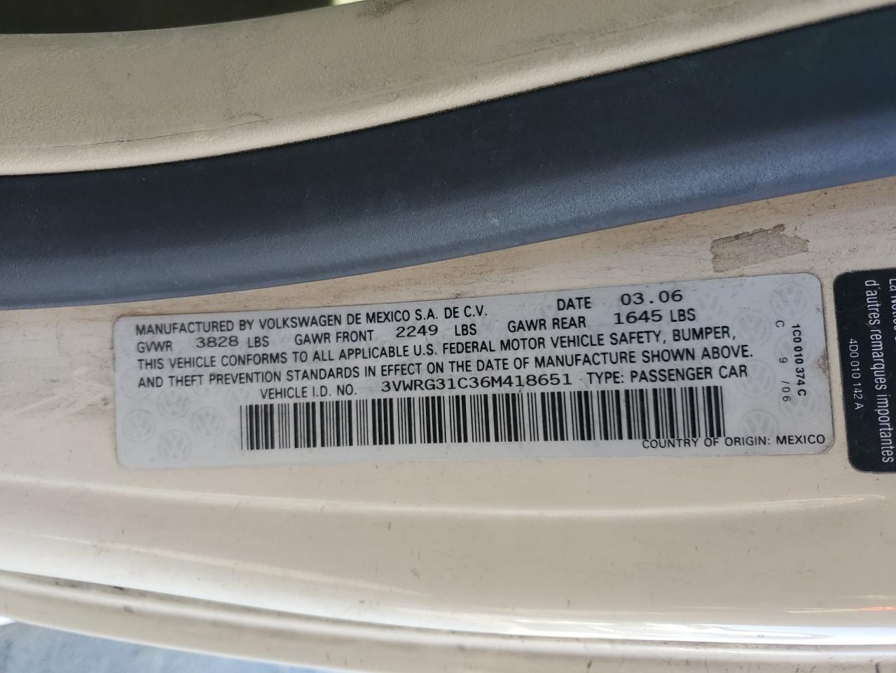 2006 Volkswagen New Beetle 2.5L Option Package 1 VIN: 3VWRG31C36M418651 Lot: 85196665