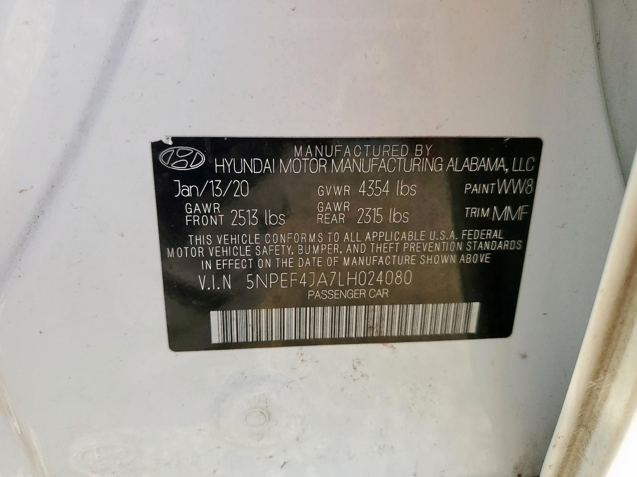 2020 Hyundai Sonata Sel VIN: 5NPEF4JA7LH024080 Lot: 86167415