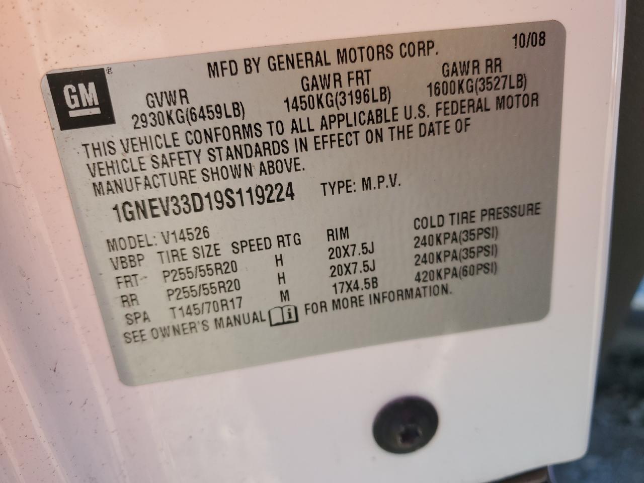 2009 Chevrolet Traverse Ltz VIN: 1GNEV33D19S119224 Lot: 85727655