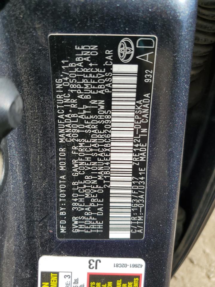 2011 Toyota Corolla Base VIN: 2T1BU4EEXBC620985 Lot: 84604995