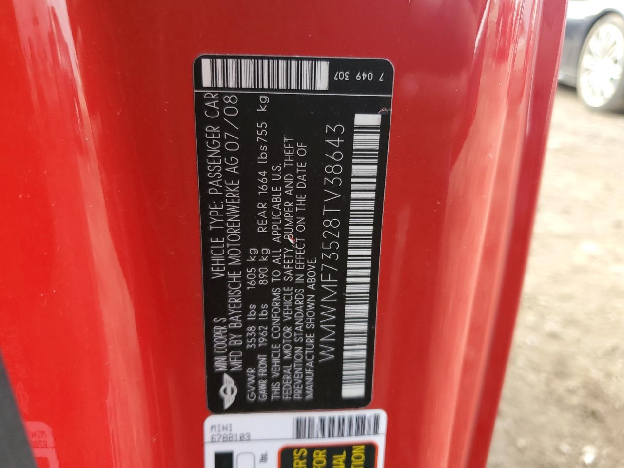 2008 Mini Cooper S VIN: WMWMF73528TV38643 Lot: 85324045