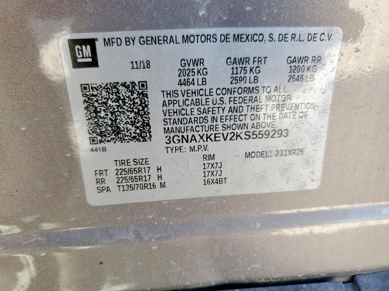 2019 Chevrolet Equinox Lt VIN: 3GNAXKEV2KS559293 Lot: 82301965