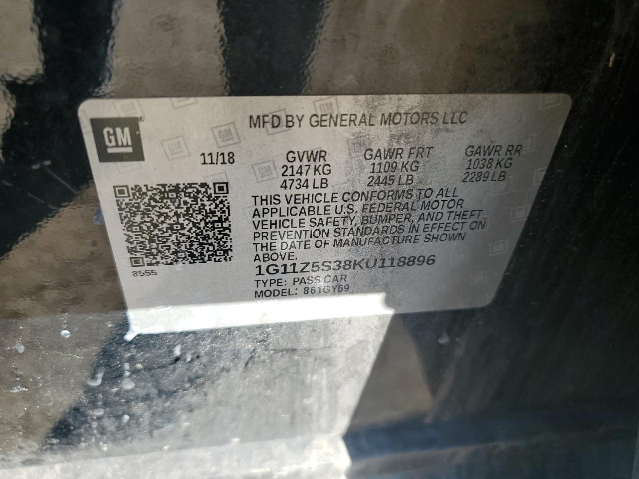 2019 Chevrolet Impala Lt VIN: 1G11Z5S38KU118896 Lot: 82225065