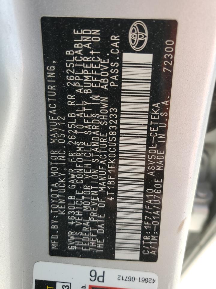 2012 Toyota Camry Base VIN: 4T1BF1FK0CU583233 Lot: 86479305