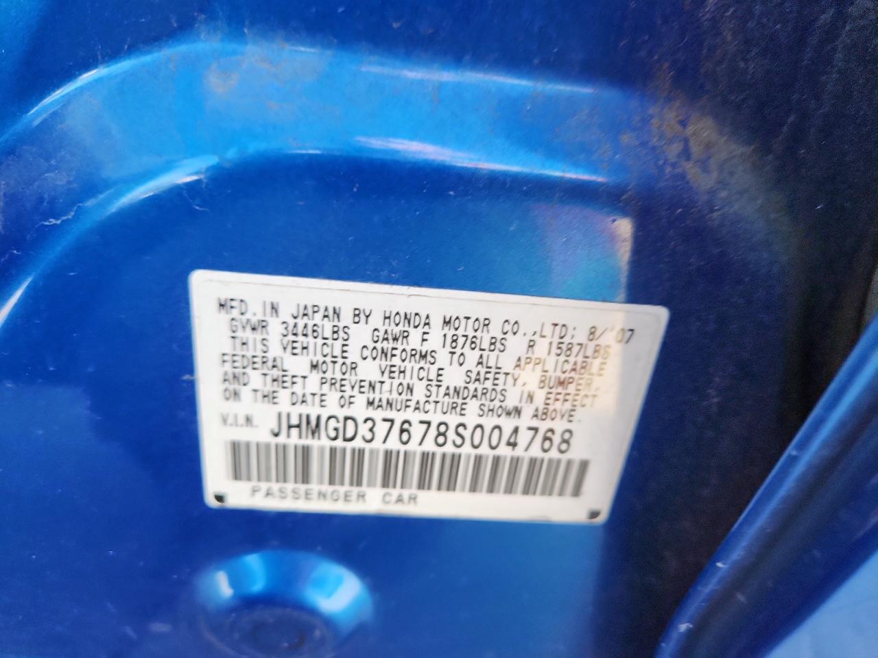 2008 Honda Fit Sport VIN: JHMGD37678S004768 Lot: 85838795